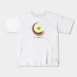 Norwich Pride Rainbow with green and yellow hearts Kids T-Shirt